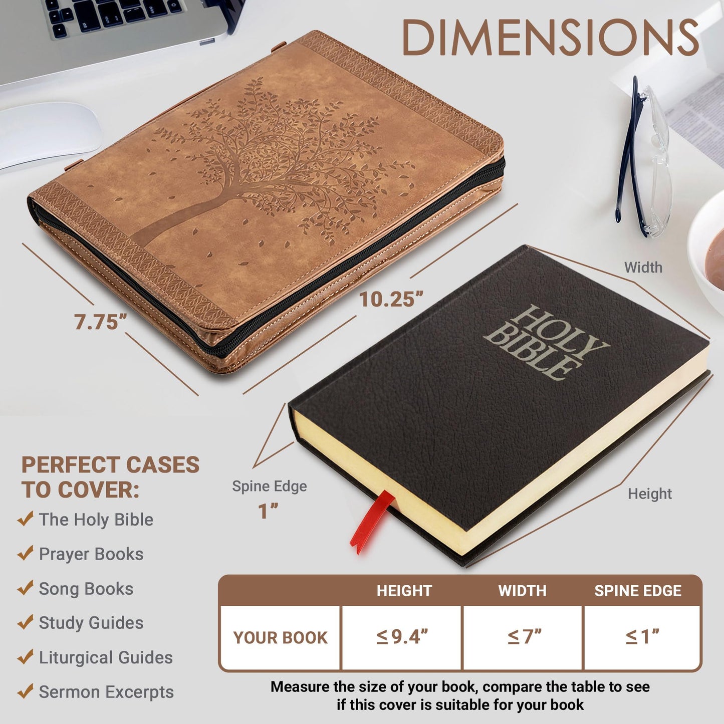 Funda de la Biblia 'Angel Treasures' con diseño de árbol de la vida grabado, funda protectora de piel sintética auténtica con asa, cremallera y ranuras para bolígrafo