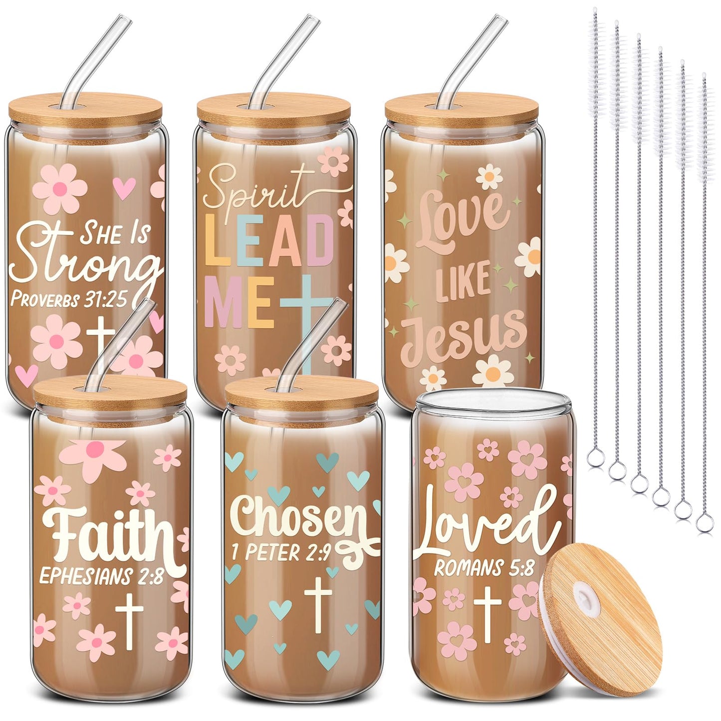 ▶ Juego de 6 tazas de café con texto cristiano de flores de 16 onzas, color rosa pastel, versículo de la Biblia, bonito vaso de café helado con tapa de bambú, para la escuela dominical y