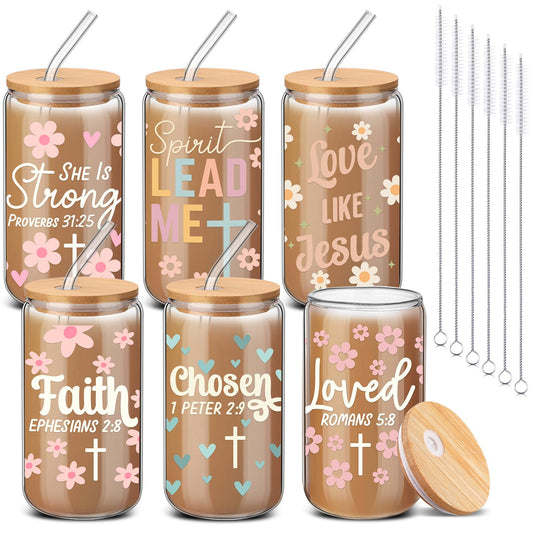 ▶ Juego de 6 tazas de café con texto cristiano de flores de 16 onzas, color rosa pastel, versículo de la Biblia, bonito vaso de café helado con tapa de bambú, para la escuela dominical y
