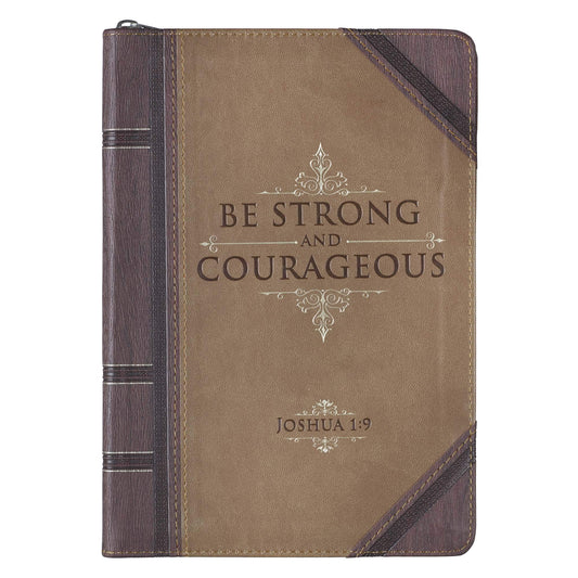 Classic Faux Leather Journal Strong and Courageous Joshua 1:9 Bible Verse Antiqued Brown Inspirational Notebook, Lined Pages W/Scripture, Ribbon Marker, Zipper Closure