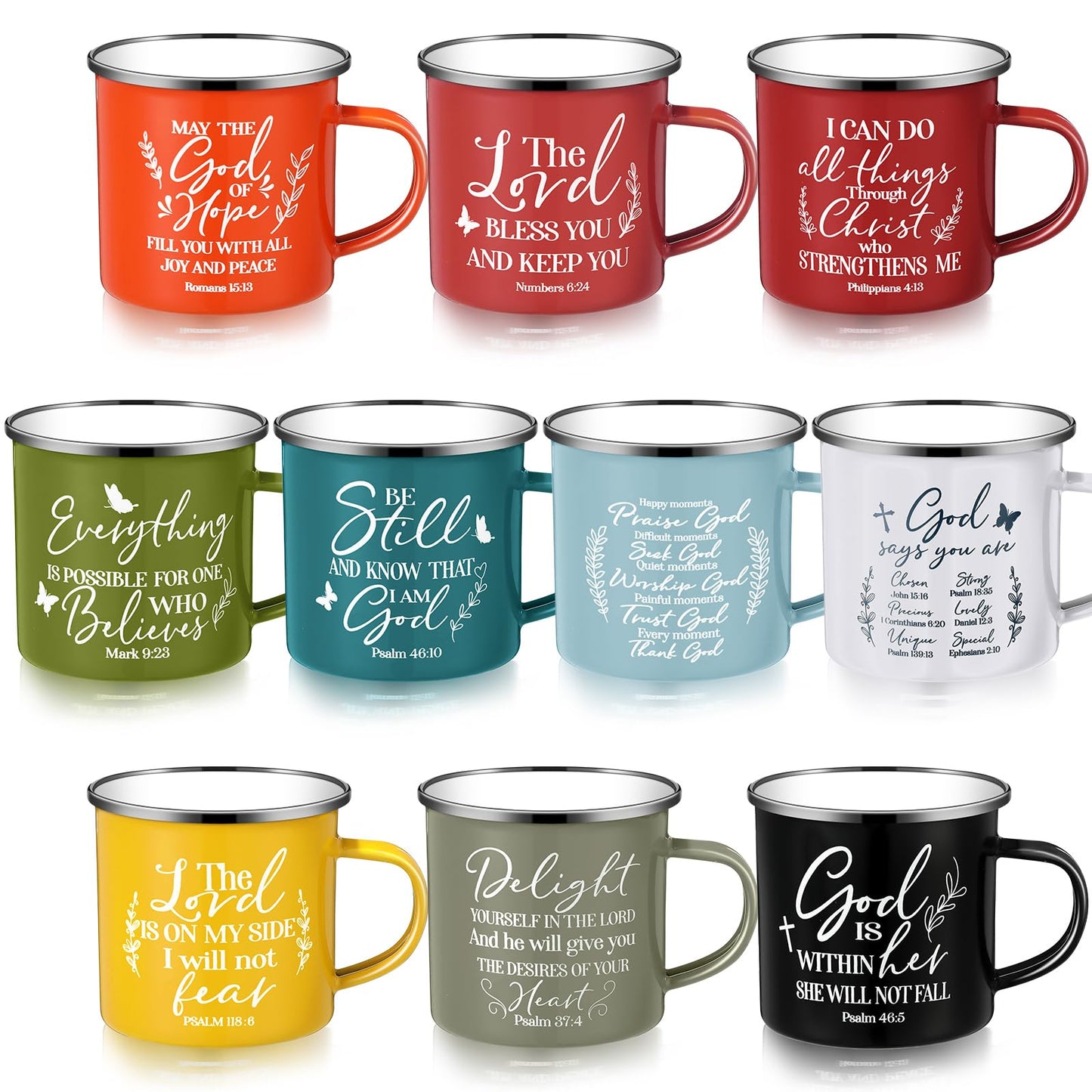▶ 10 tazas de café cristianas de 12 onzas con mango de esmalte religioso con versículo bíblico, regalos inspiradores para afirmaciones bíblicas para mujeres y hombres