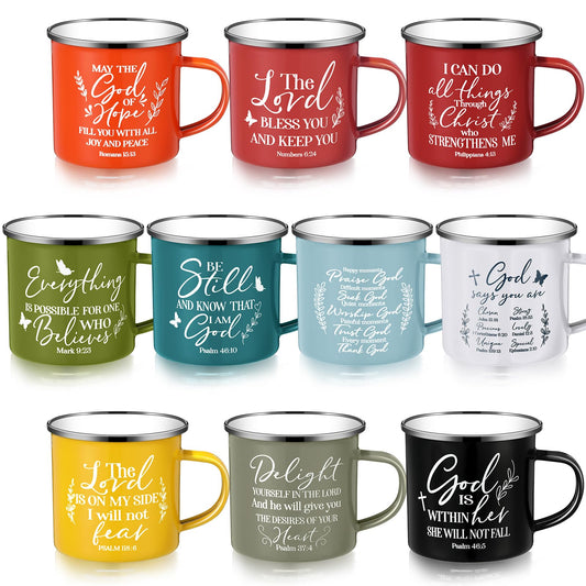▶ 10 tazas de café cristianas de 12 onzas con mango de esmalte religioso con versículo bíblico, regalos inspiradores para afirmaciones bíblicas para mujeres y hombres