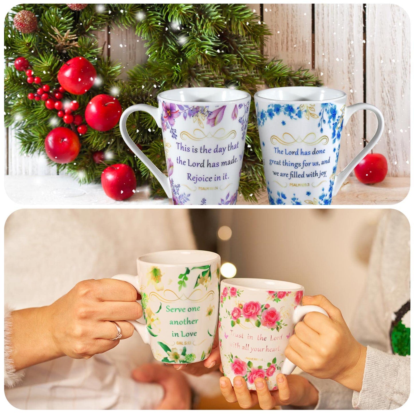 ▶ 8 Pcs Regalos Cristianos, Juego de 4 Tazas de Cerámica para Café/Té para Mujer, Juego de Tazas con Versículos Bíblicos Florales, 4 Cuadernos Inspiradores de Escritura Religiosa con Escrituras