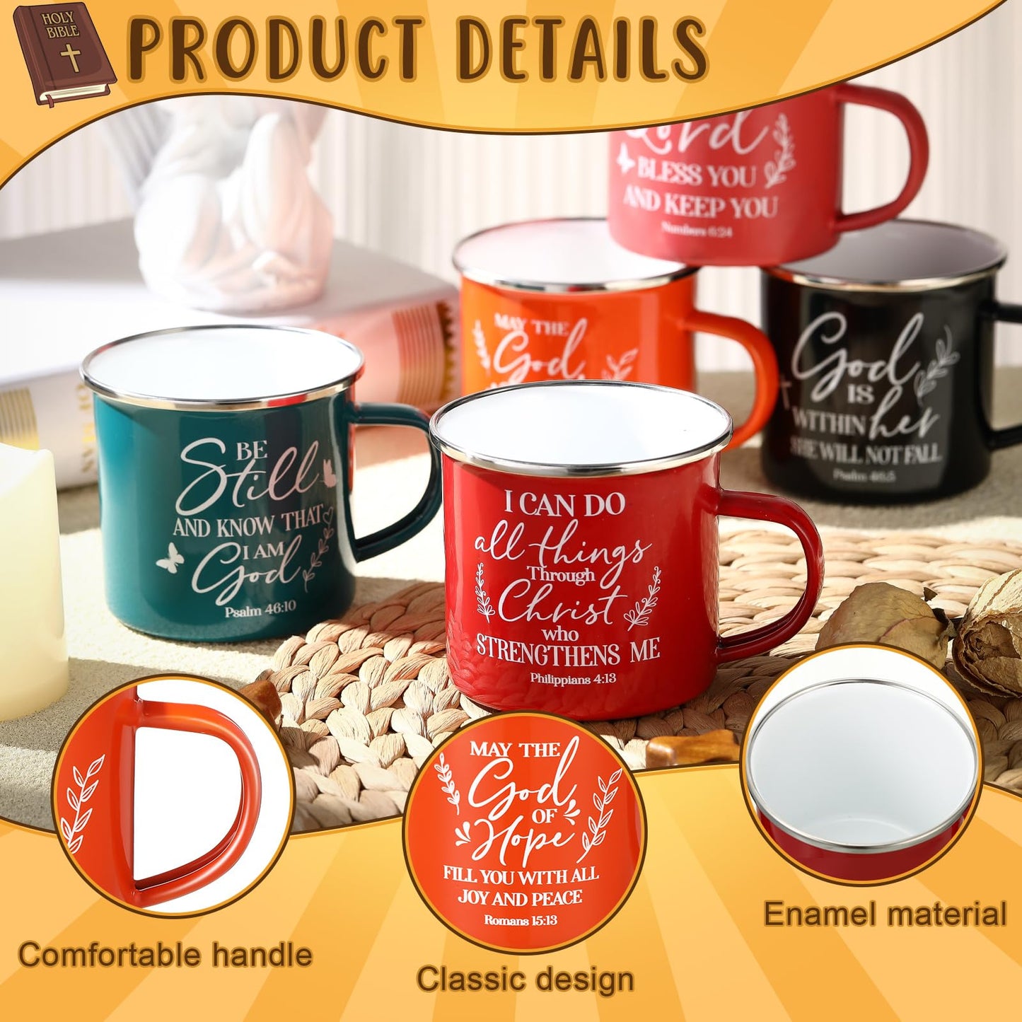 ▶ 10 tazas de café cristianas de 12 onzas con mango de esmalte religioso con versículo bíblico, regalos inspiradores para afirmaciones bíblicas para mujeres y hombres