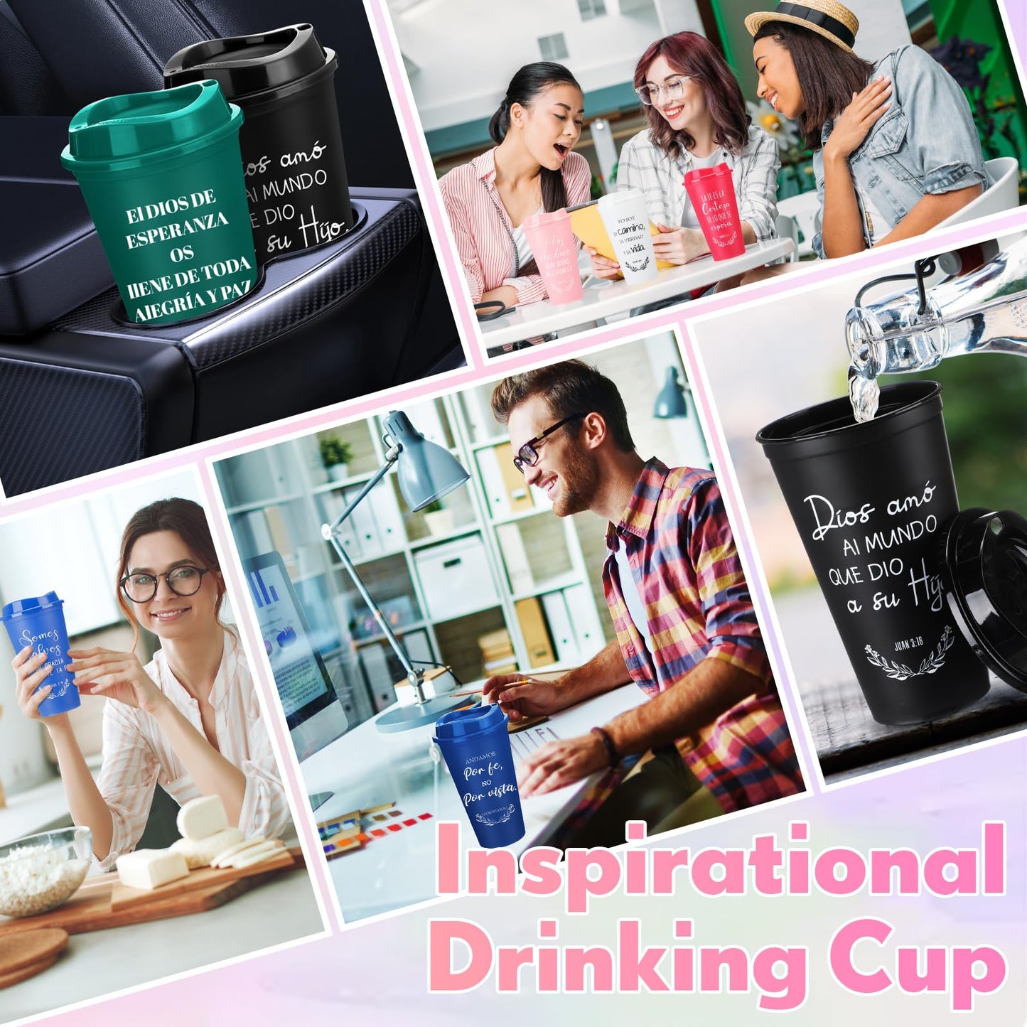 ▶ Tazas de café cristianas españolas de 16 onzas, reutilizables con versículo bíblico, vasos de plástico a granel con tapas, taza de viaje para el regreso a la escuela, regalos para profesores