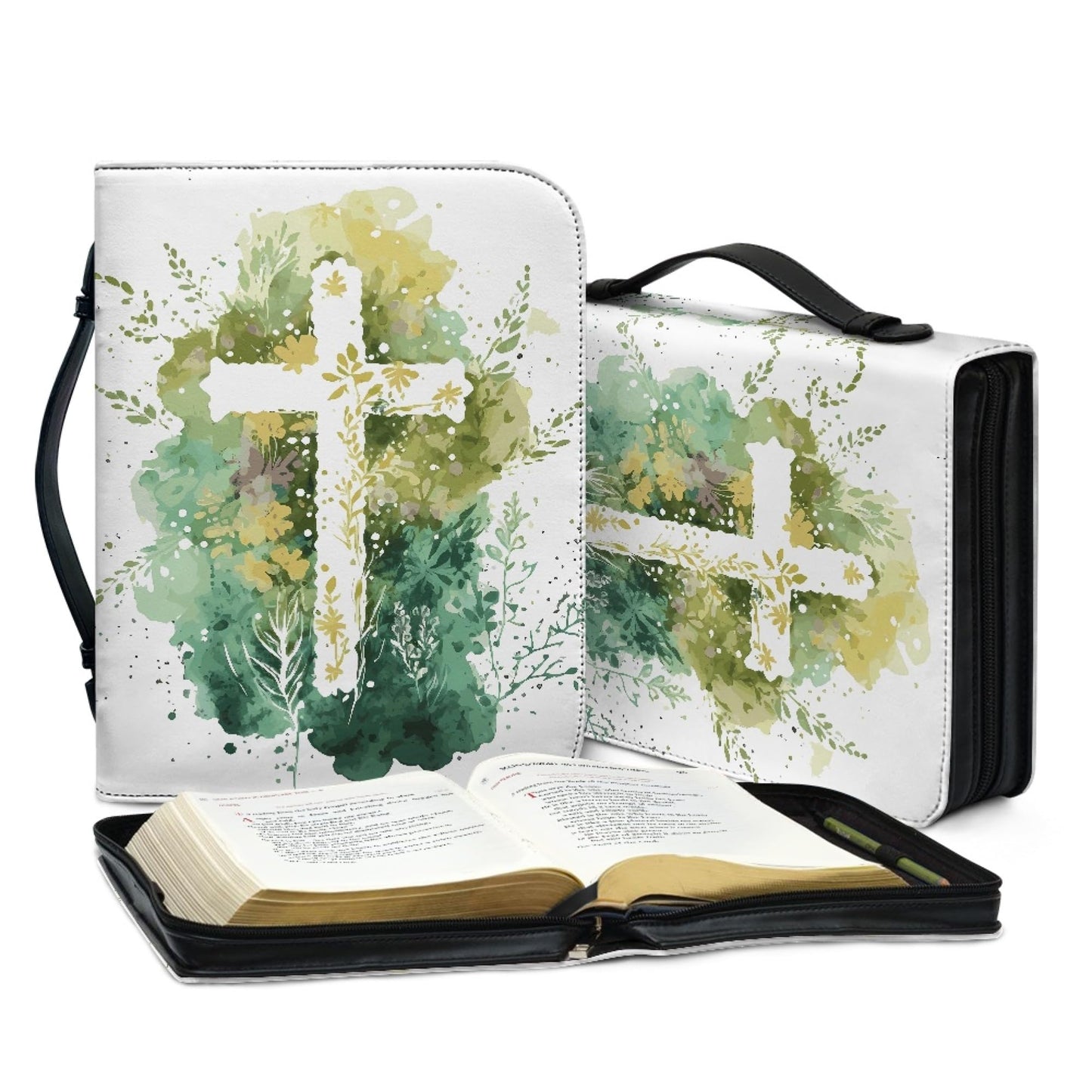 Vodetik - Funda de piel para la Biblia con cubierta dura floral con cruz Niv, tamaño pequeño, con asa con cierre, bolsa protectora para la Biblia, escritura, católico, regalo cristiano