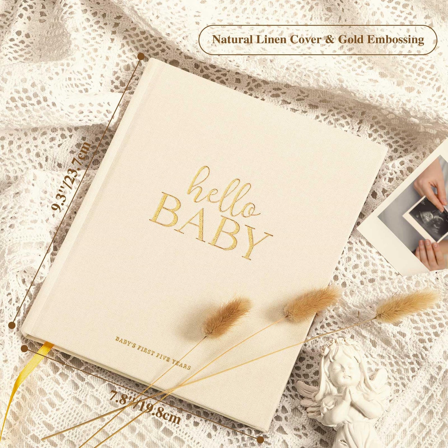 Lanpn Hello Baby First - Libro de recuerdos de 5 años para niño y niña, libro de lino de tapa dura para padres nuevos, diario para recién nacidos, álbum de recortes, álbum de fotos, libro de hitos