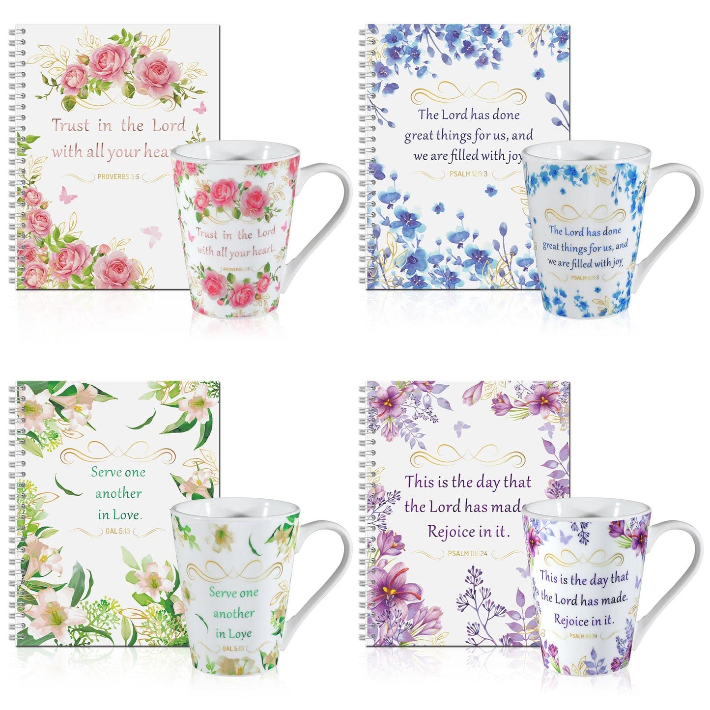 ▶ 8 Pcs Regalos Cristianos, Juego de 4 Tazas de Cerámica para Café/Té para Mujer, Juego de Tazas con Versículos Bíblicos Florales, 4 Cuadernos Inspiradores de Escritura Religiosa con Escrituras