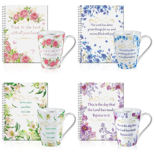 ▶ 8 Pcs Regalos Cristianos, Juego de 4 Tazas de Cerámica para Café/Té para Mujer, Juego de Tazas con Versículos Bíblicos Florales, 4 Cuadernos Inspiradores de Escritura Religiosa con Escrituras
