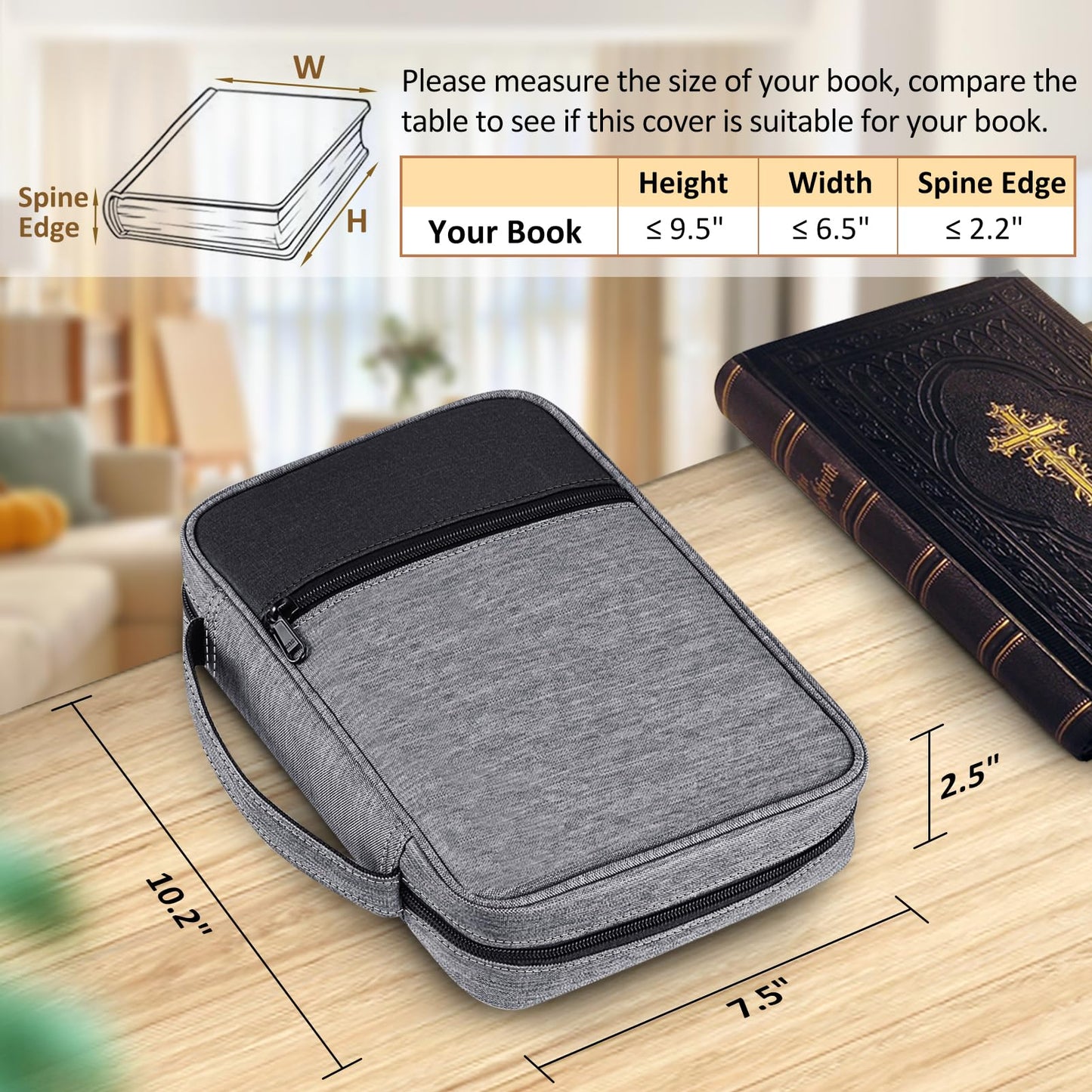 FINPAC - Funda bíblica de tamaño pequeño para libros de estudio de iglesia, funda protectora de la Biblia con asa y bolsillo con cierre para hombres y mujeres, madre y dama, Gris, Gray