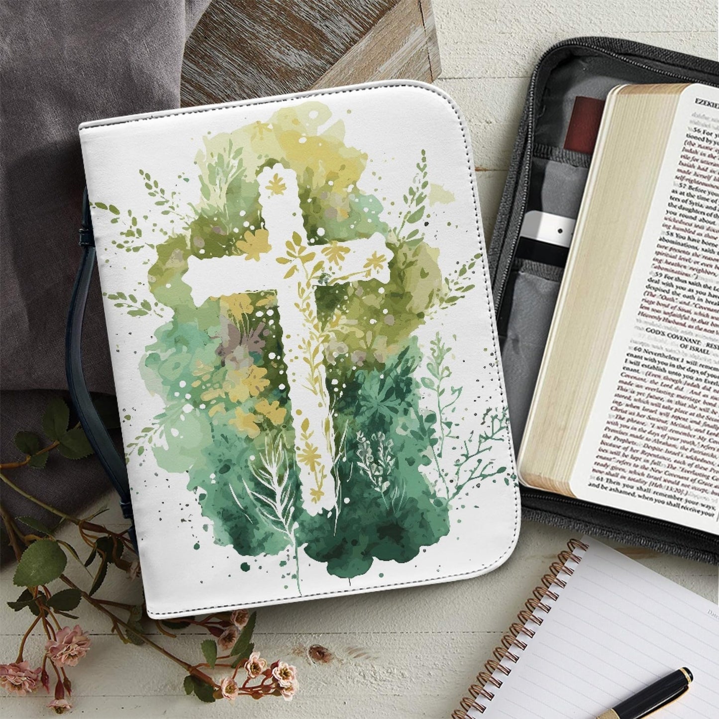 Vodetik - Funda de piel para la Biblia con cubierta dura floral con cruz Niv, tamaño pequeño, con asa con cierre, bolsa protectora para la Biblia, escritura, católico, regalo cristiano