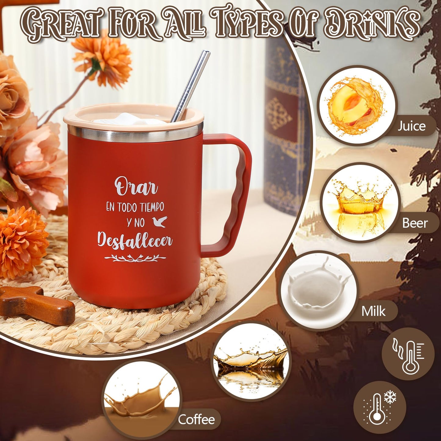 ▶ Juego de 6 tazas de café cristianas españolas de 17 onzas con tapa y pajita, versículo bíblico religioso, regalos cristianos, en inglés, para amigos españoles, hombres y mujeres