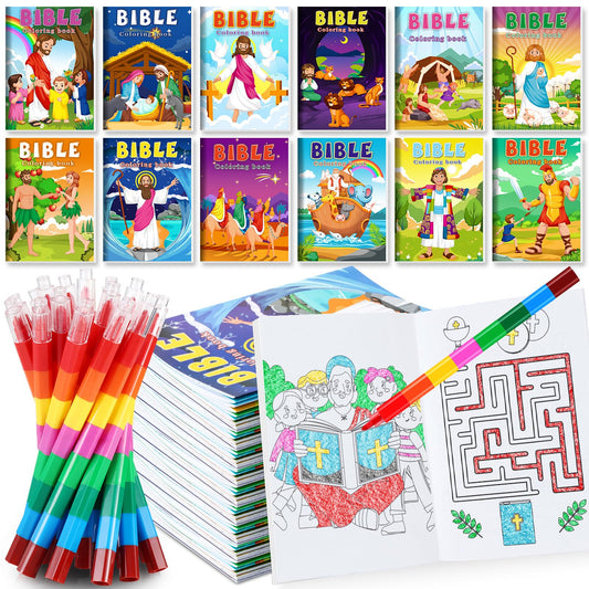 BenLouis - 12 libros cristianos para colorear para niños con 12 lápices de colores, versículo bíblico, religioso, pequeño libro para colorear a granel para niños, premios de la escuela dominical de