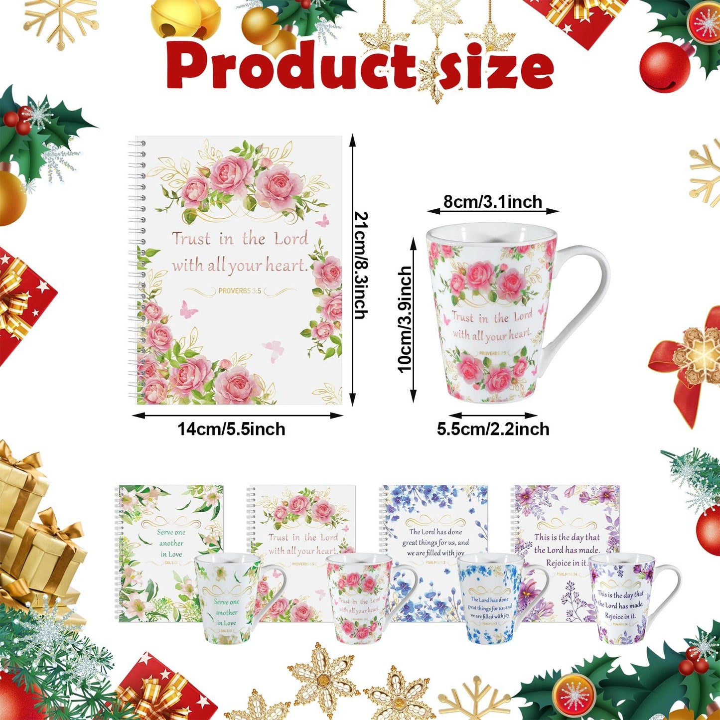 ▶ 8 Pcs Regalos Cristianos, Juego de 4 Tazas de Cerámica para Café/Té para Mujer, Juego de Tazas con Versículos Bíblicos Florales, 4 Cuadernos Inspiradores de Escritura Religiosa con Escrituras