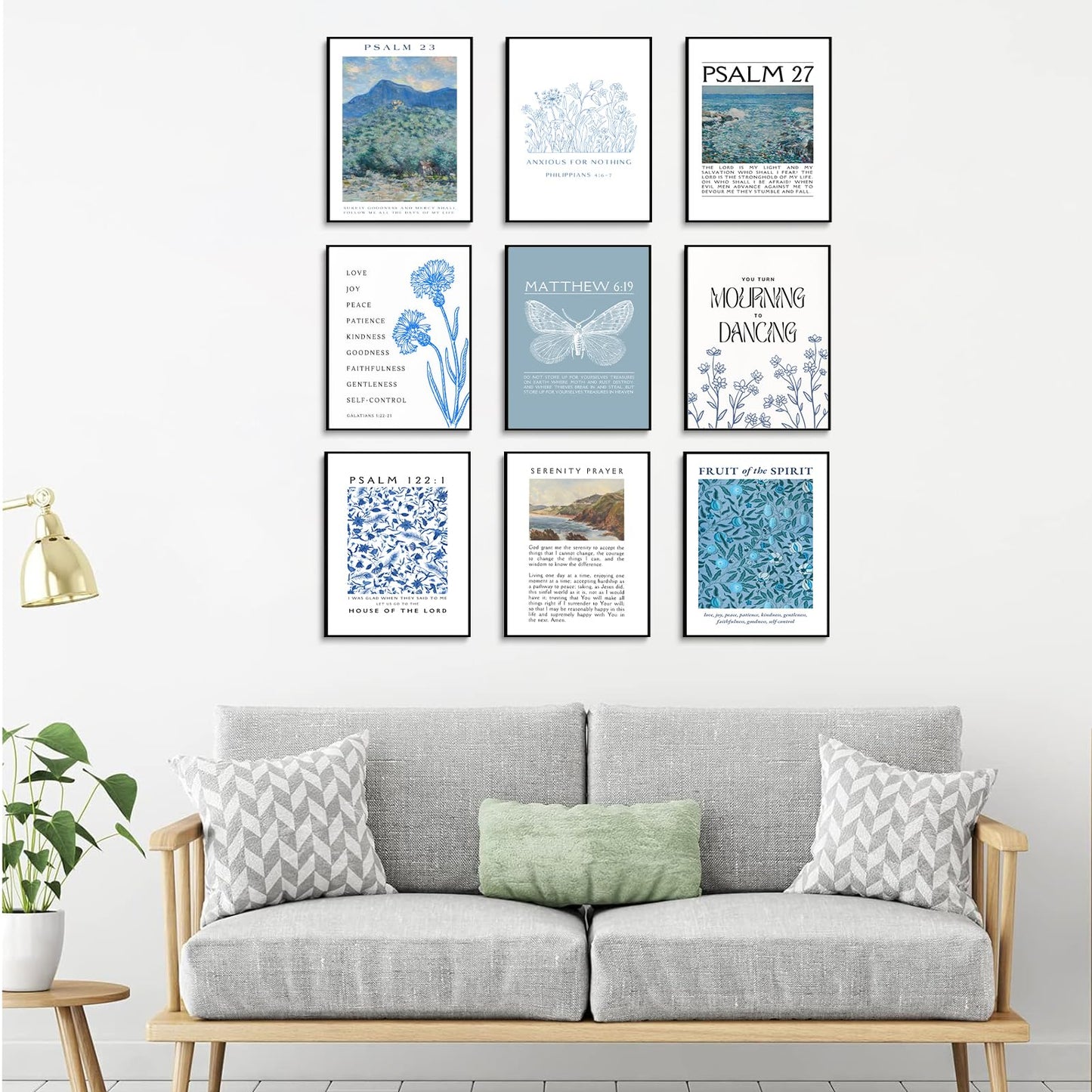 ▶  9 impresiones artísticas de pared con versículos de la Biblia azul cristiano, citas de escritura, carteles clásico, galería religiosa, decoración de pared, imágenes para sala de estar,