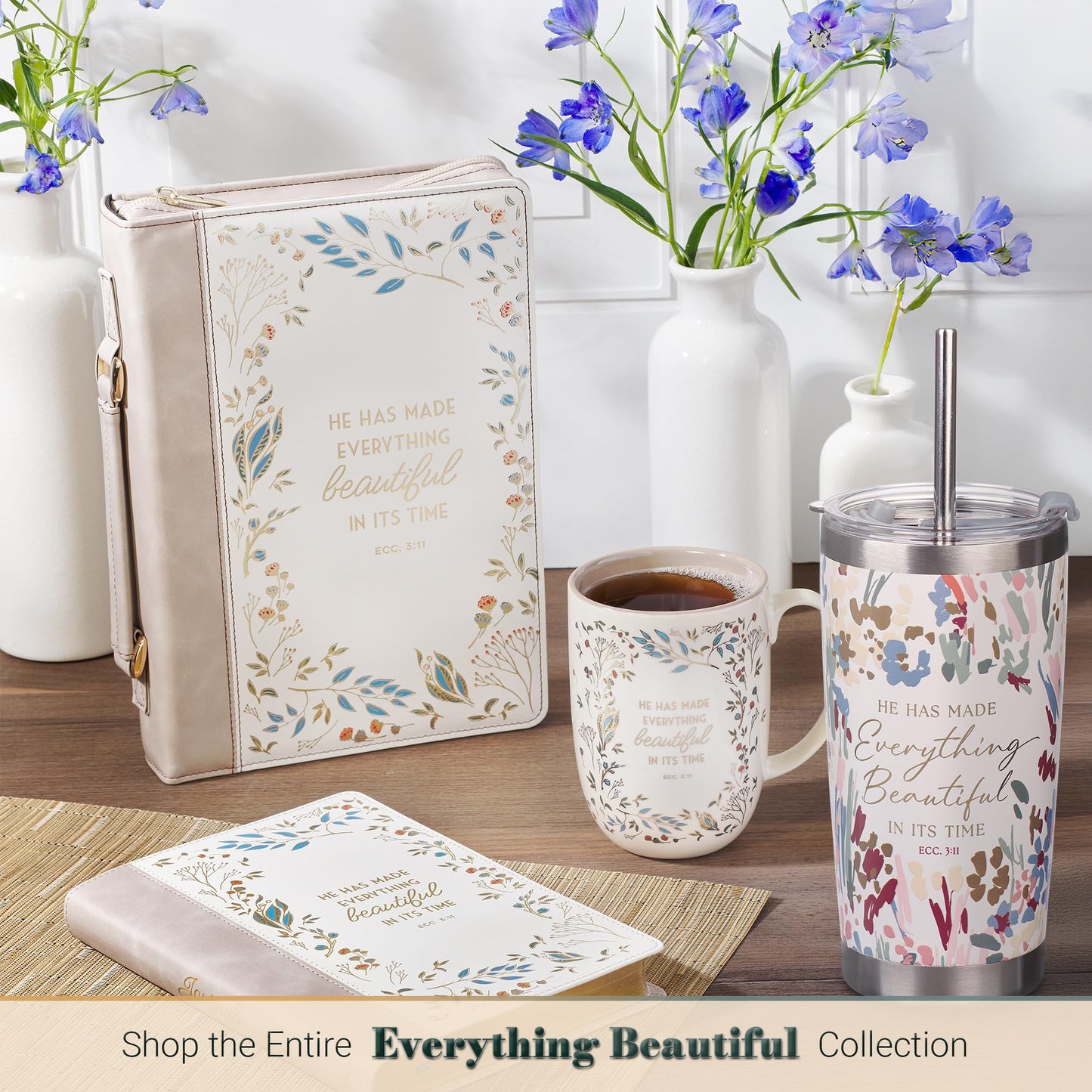 ▶ Taza de cerámica inspiradora grande para mujer, con versículo bíblico, para café y té: todo hermoso y estimulante, sin plomo ni cadmio, color blanco/gris pardo, multicolor floral