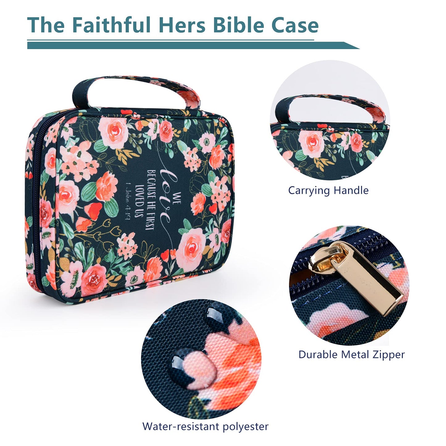 Funda para la Biblia para mujer, tamaño mediano y grande, funda de transporte bíblico de 11 x 8.5 x 2.5 pulgadas, bolsa de transporte floral para libros bíblicos con asas de bolsillos, cierre de