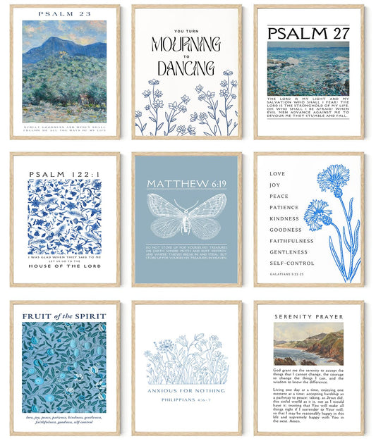 ▶  9 impresiones artísticas de pared con versículos de la Biblia azul cristiano, citas de escritura, carteles clásico, galería religiosa, decoración de pared, imágenes para sala de estar,