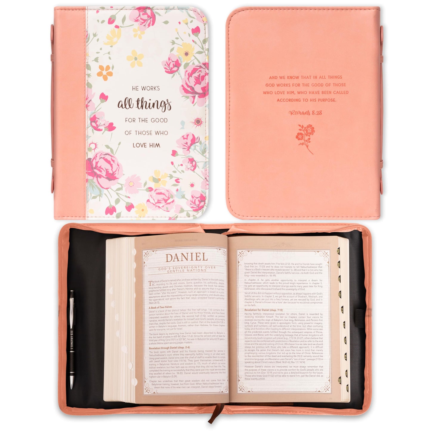 Christian Art Gifts Cubierta de la Biblia de moda para mujer He Works All Things for Good Romans 8:28, piel sintética floral melocotón, talla M