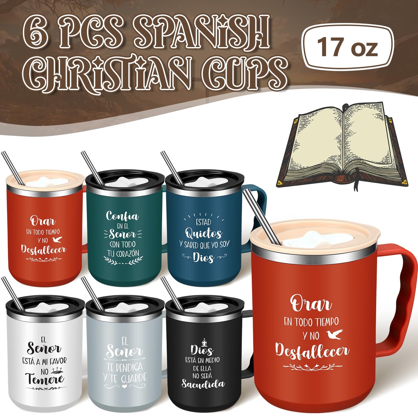 ▶ Juego de 6 tazas de café cristianas españolas de 17 onzas con tapa y pajita, versículo bíblico religioso, regalos cristianos, en inglés, para amigos españoles, hombres y mujeres