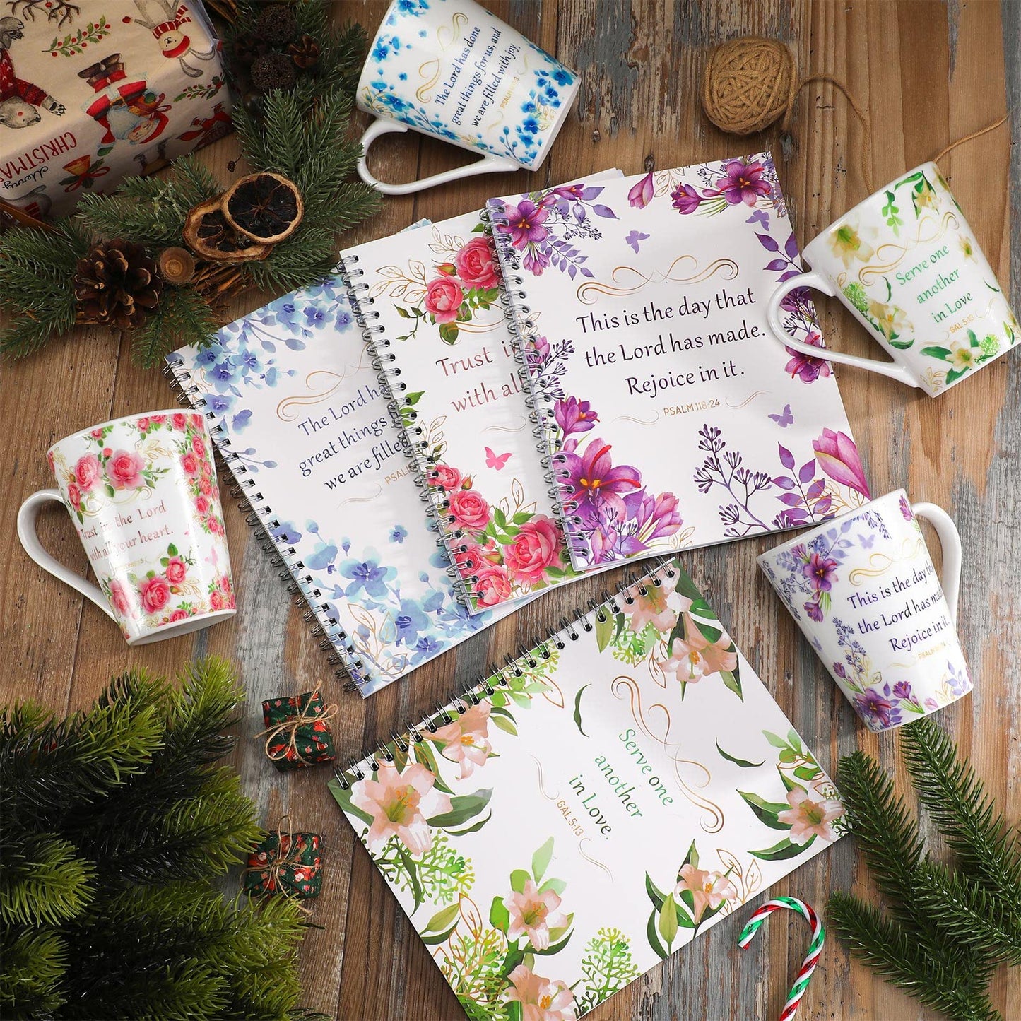 ▶ 8 Pcs Regalos Cristianos, Juego de 4 Tazas de Cerámica para Café/Té para Mujer, Juego de Tazas con Versículos Bíblicos Florales, 4 Cuadernos Inspiradores de Escritura Religiosa con Escrituras