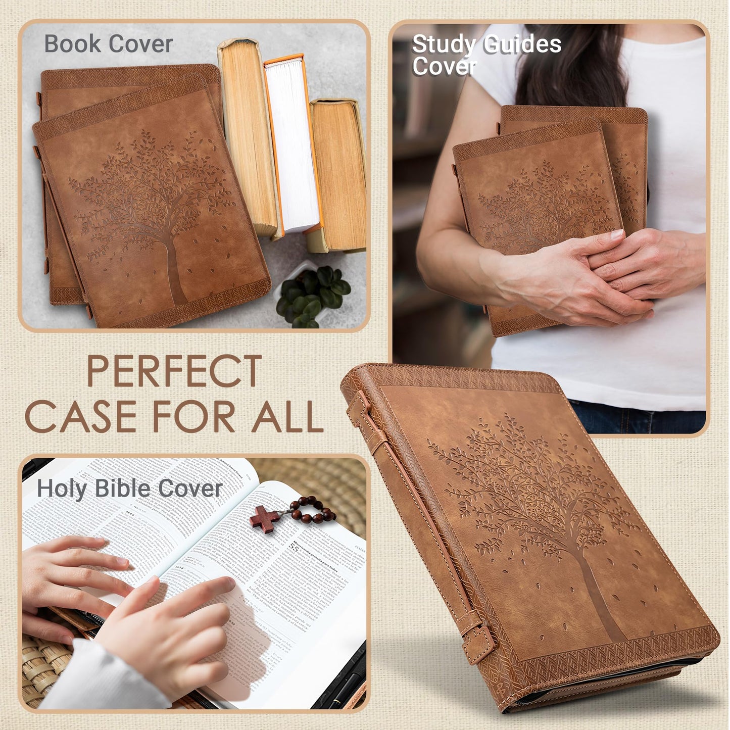 Funda de la Biblia 'Angel Treasures' con diseño de árbol de la vida grabado, funda protectora de piel sintética auténtica con asa, cremallera y ranuras para bolígrafo