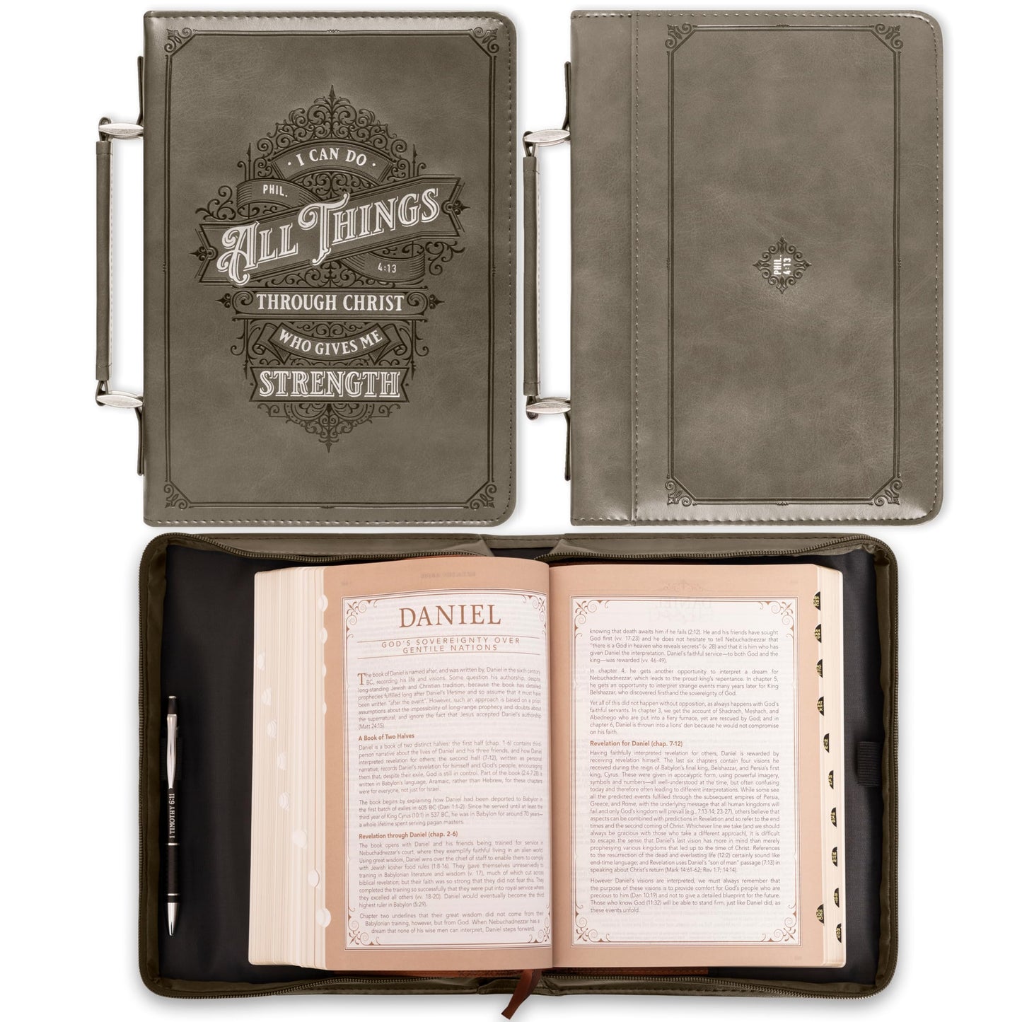 Christian Art Gifts - Funda protectora de piel sintética clásica para hombre, diseño de la Biblia para hombres: todas las cosas a través de Cristo, versículo bíblico inspirador de Filipenses 4:13 con cierre y bolsillo, talla L