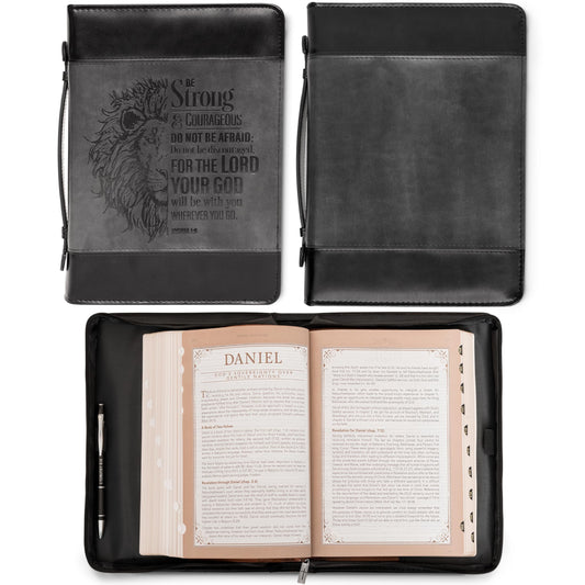 Be Strong Lion Two-Tone Black Bible Cover - Joshua 1:9 - Large