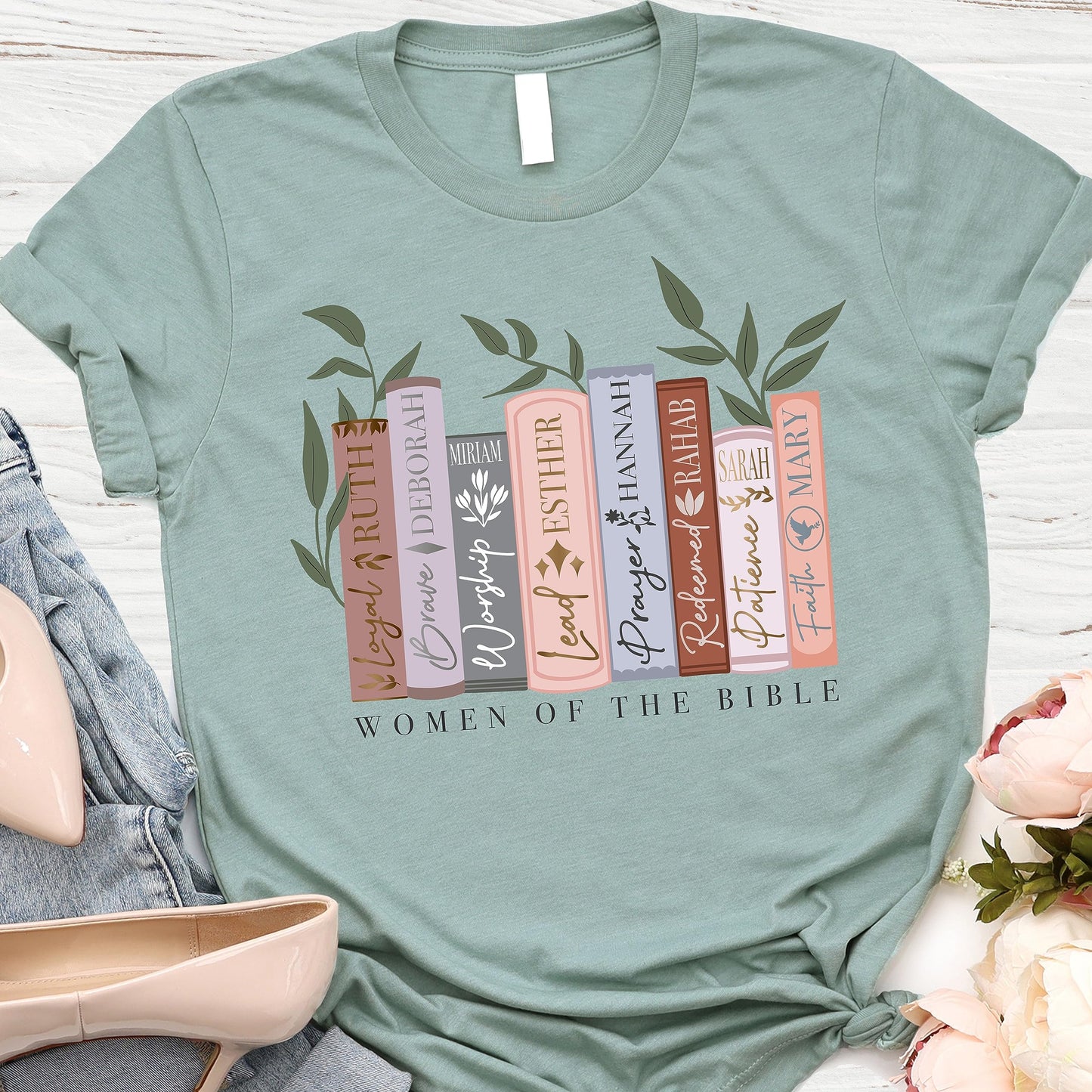 ▶ Mujeres de la Biblia | Camisetas cristianas para mujer | Ropa basada en la fe | Regalos cristianos, Jaspeado (Heather Sage), XXXX-Large