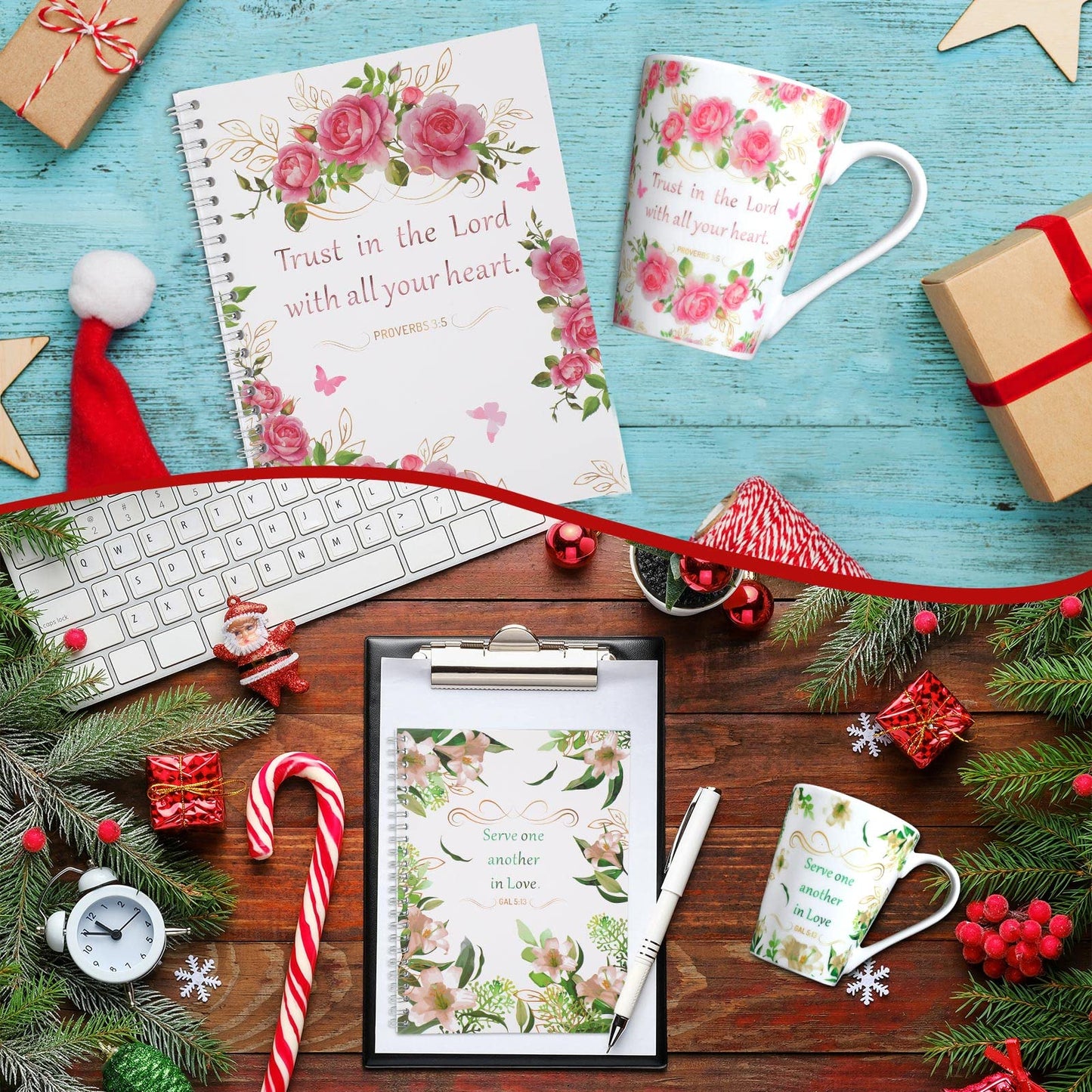 ▶ 8 Pcs Regalos Cristianos, Juego de 4 Tazas de Cerámica para Café/Té para Mujer, Juego de Tazas con Versículos Bíblicos Florales, 4 Cuadernos Inspiradores de Escritura Religiosa con Escrituras