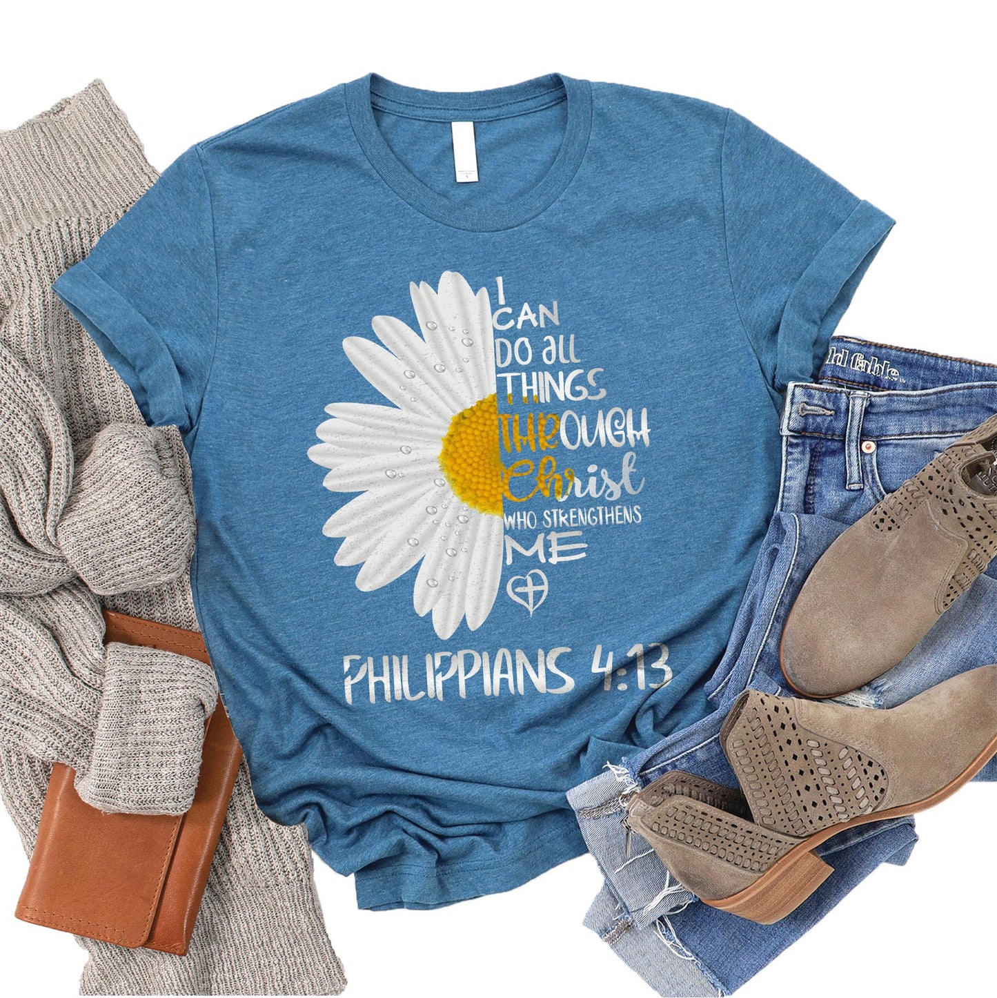 ▶ Love in Faith | I Can Do All Things Daisy | Camisas cristianas para mujer | Ropa basada en la fe | Regalos cristianos, jaspeado verde azulado profundo, Large