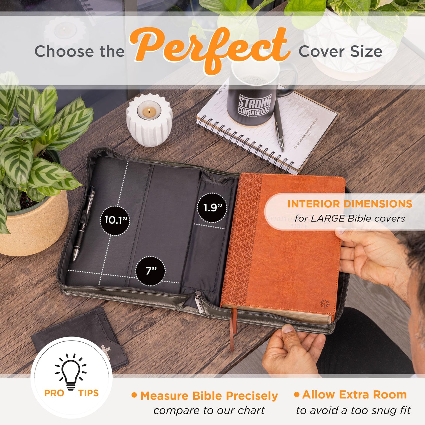 Christian Art Gifts - Funda protectora de piel sintética clásica para hombre, diseño de la Biblia para hombres: todas las cosas a través de Cristo, versículo bíblico inspirador de Filipenses 4:13 con cierre y bolsillo, talla L