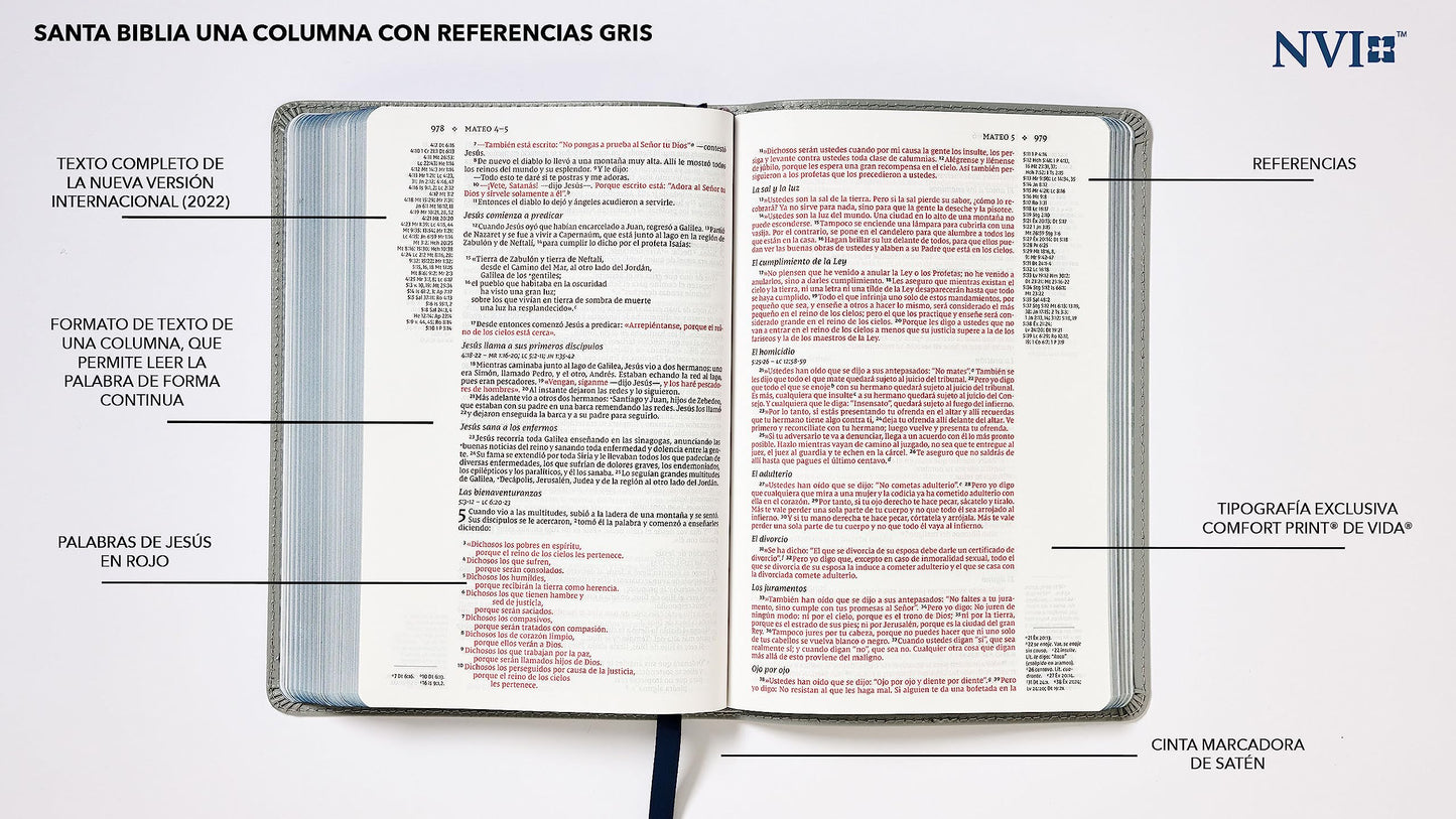 NVI, Santa Biblia, Texto revisado 2022, Una Columna con Referencias, Piel Reciclada, Palabras de Jesús en Rojo, Gris, Comfort Print