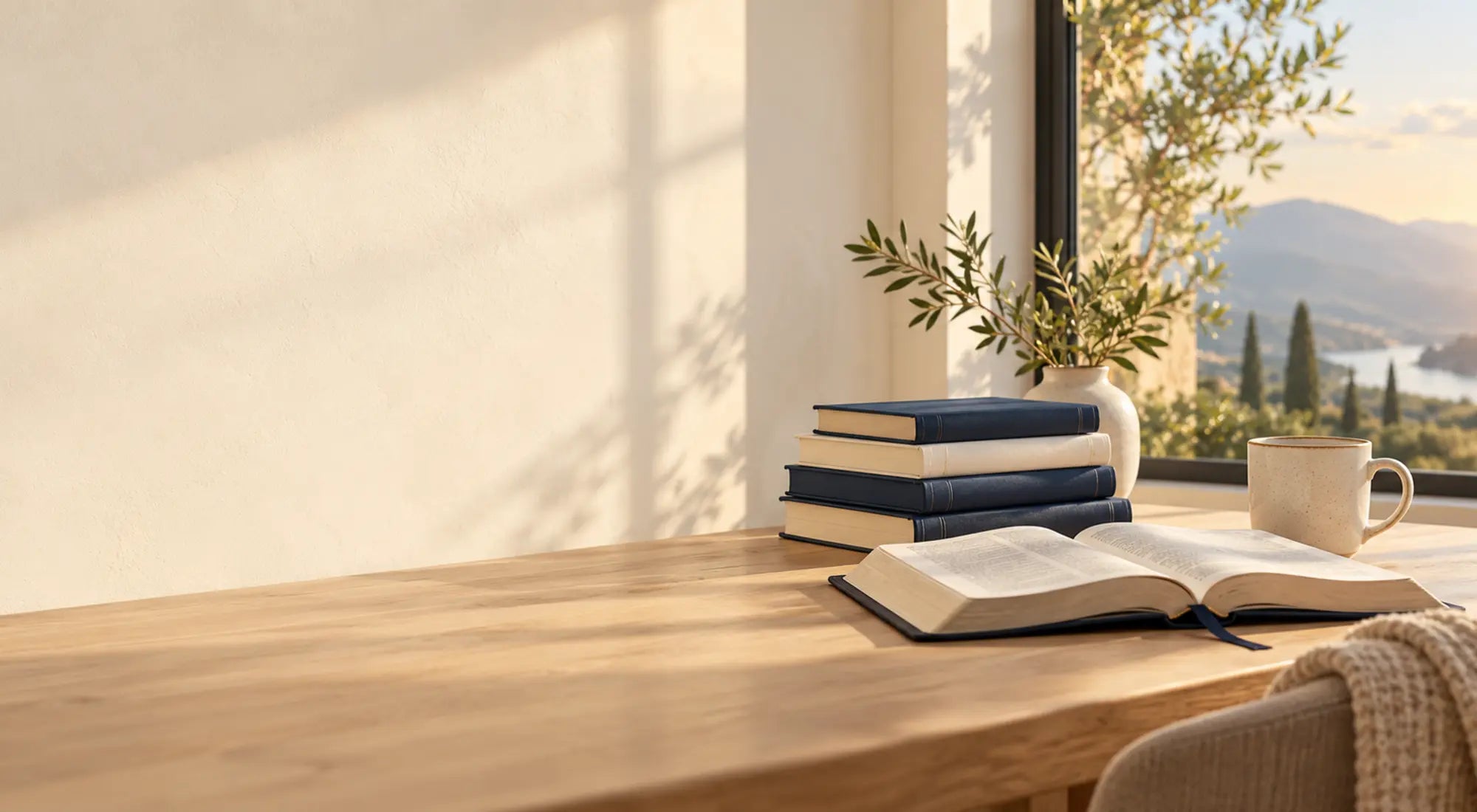 Biblia abierta junto a una luz cálida